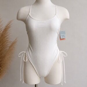 Shade & Shore White Ribbed Cinched Side Tie One Piece Swimsuit Large Cheeky